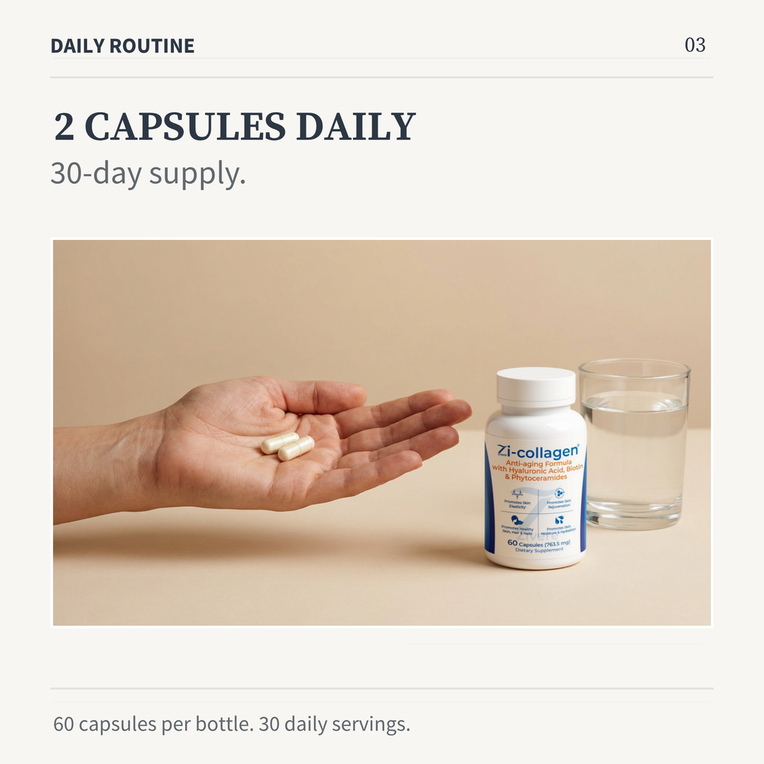 Capsules in a hand beside Zi-Collagen and a glass of water; two capsules daily, 30-day supply.