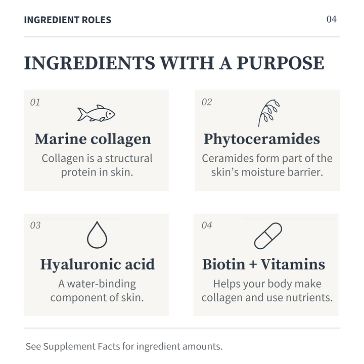 Four icons explaining the roles of collagen, phytoceramides, hyaluronic acid, biotin and vitamins.