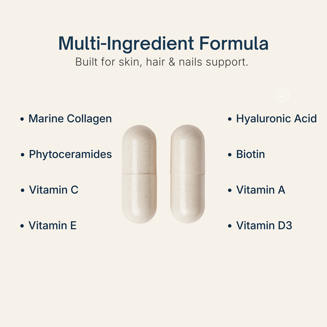 Supplement Facts panel showing ingredients and amounts per 2 capsules