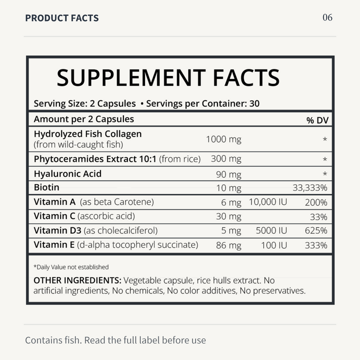 Zi-Collagen Supplement Facts with serving size, ingredient amounts and a fish-allergen notice.
