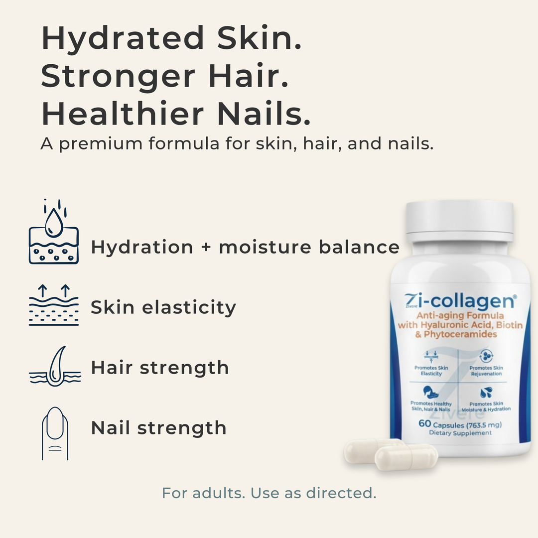 Zi-Collagen bottle with capsules showing daily beauty supplement for skin, hair, and nails