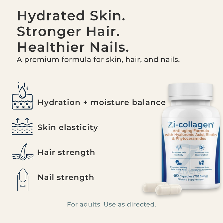 Zi-Collagen bottle with capsules showing daily beauty supplement for skin, hair, and nails