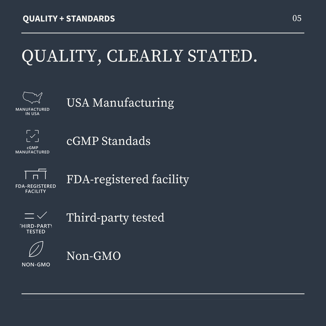 USA manufacturing, cGMP, FDA-registered facility, third-party tested and Non-GMO marks.