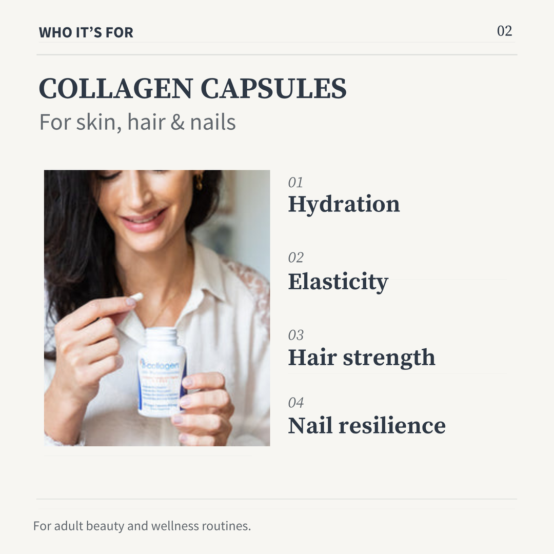 Woman holding Zi-Collagen beside skin hydration, elasticity, hair and nail benefit headings.